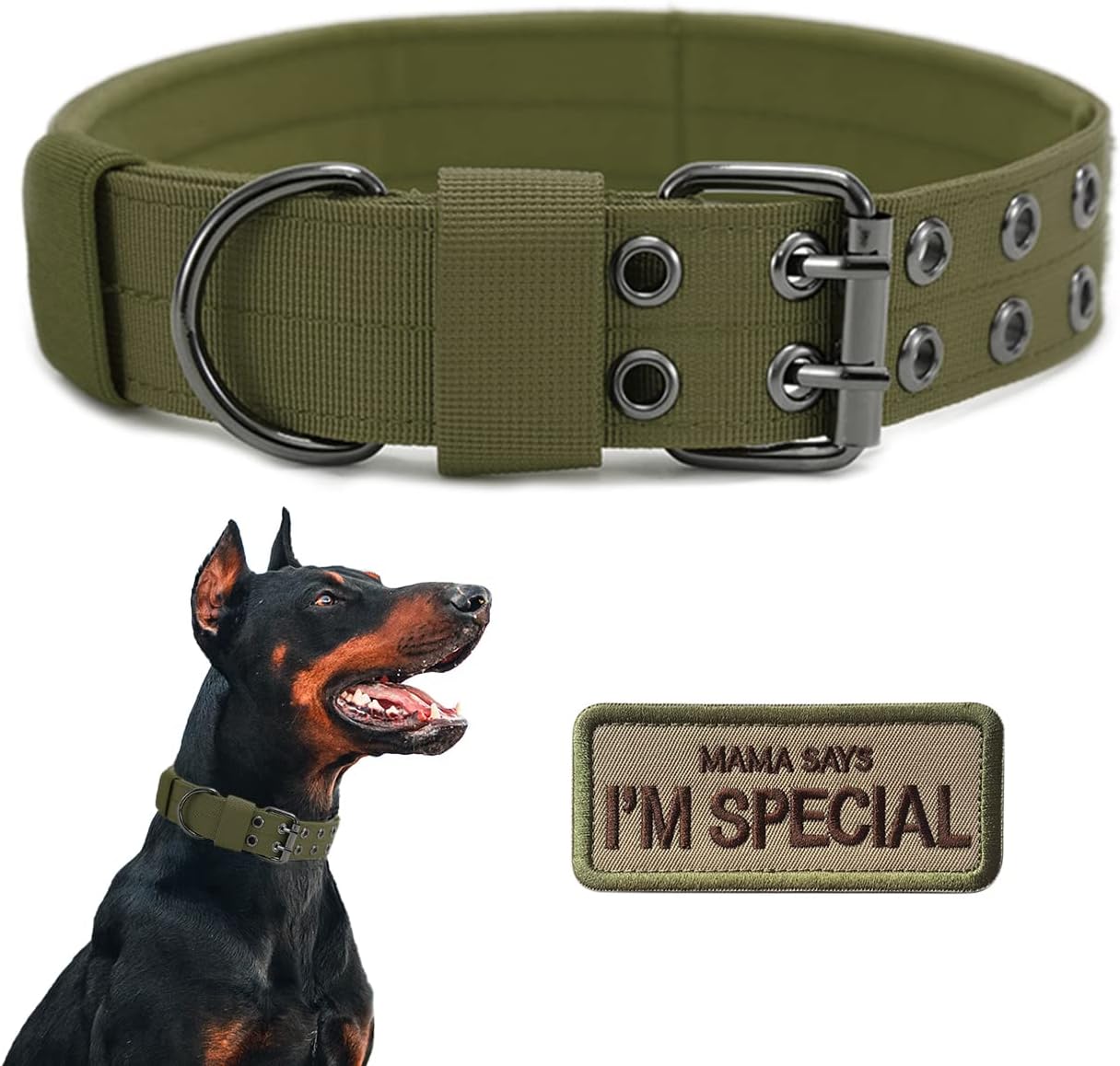 Tactical Dog Collar Military Adjustable Dog Collars Soft Nylon Training Collar with Patch Heavy Duty Metal Buckle Collars for Medium Large Dogs (XL, Green)