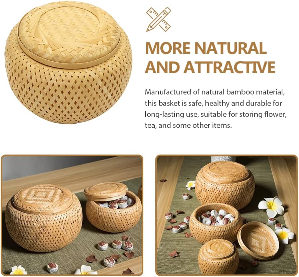 Hemoton Woven Tea Basket Food Serving Baskets with Lid Woven Wicker Basket Round Woven Wicker Basket Log Color