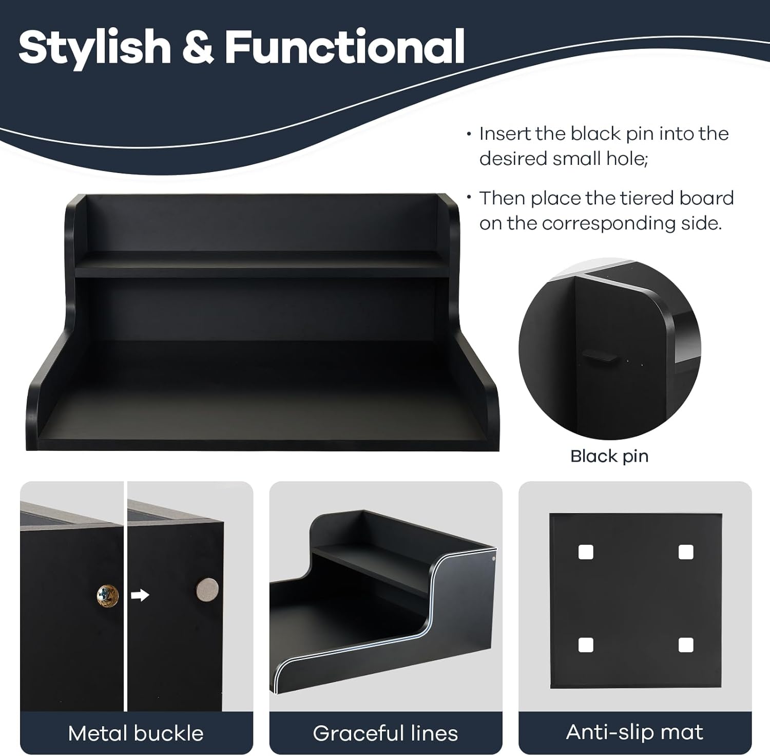 Kaboon Washer Dryer Countertop 2 Tier 28 inches Wide, Laundry Shelf Topper with Edge, 28" W x 28" D x 12" H Laundry Space Organizer, Black
