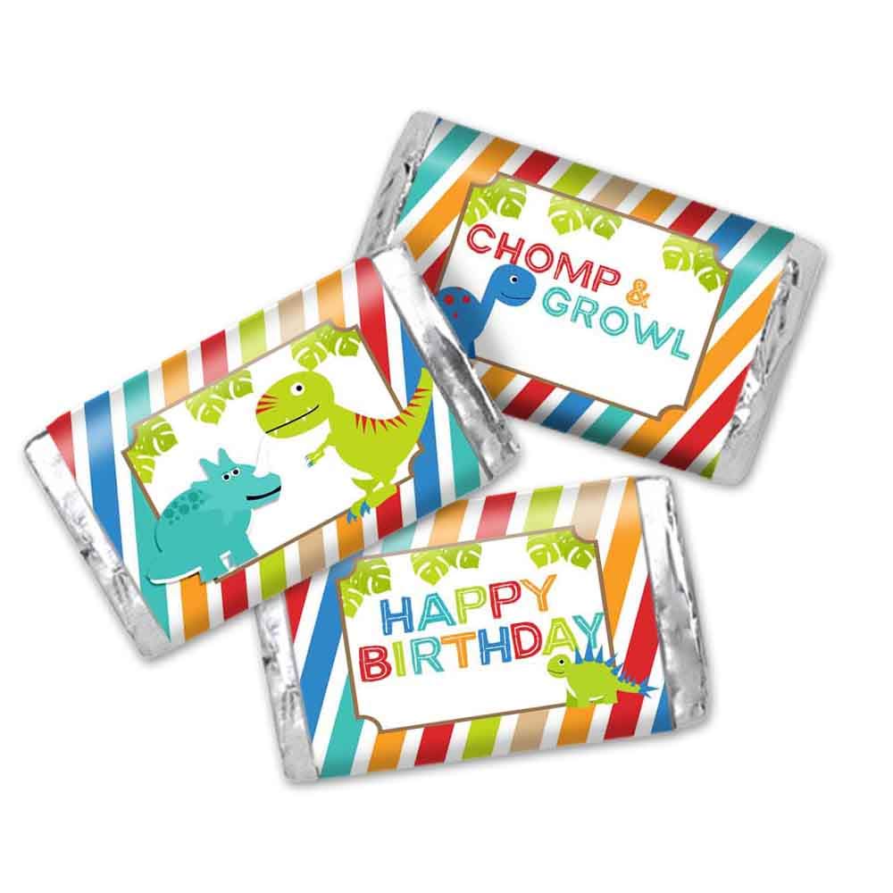 Dinosaur Boy Birthday Party Mini Chocolate Candy Bar Sticker Wrappers for Boys, 45 1.4" x 2.6" Wrap Around Labels by AmandaCreation, Great for Party