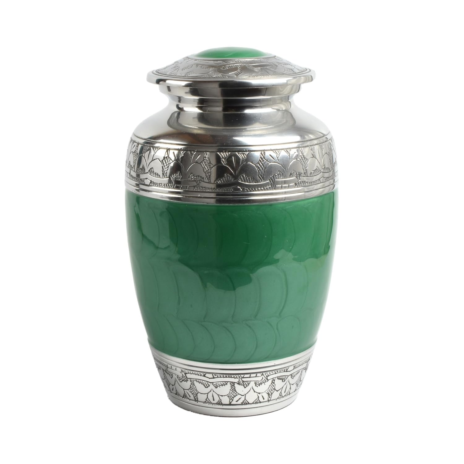 Urnswithlove White Cremation Urn For Human Ashes – Adult Large Decorative Aluminum Funeral Memorial Keepsake – Securely Holds Approx. 90Kg Or 14 Stone Body (Green-Plain, Adult Size)