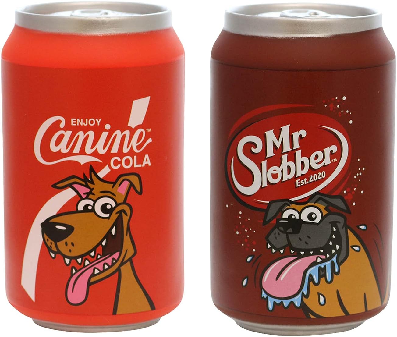 SILLY SQUEAKERS –Soda Can -Combo Pack- Dog Toy - 100% Vinyl. Made Durable & Strong. Novelty Play Toy &Floats (Canine Cola & Mr. Slobber)