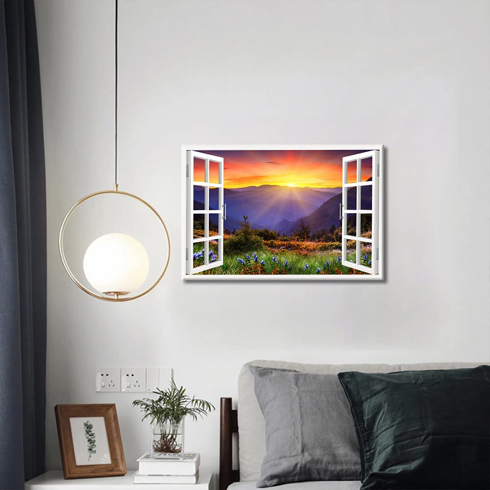 Window Frame Wall Decor A Peaking View Through The Forest of The Morning Sunrise Picture Canvas Wall Art for Bedroom Canvas Wall Art Modern Artwork Office Decor Framed Ready to Hang (18"W x 12"H) - Image 3