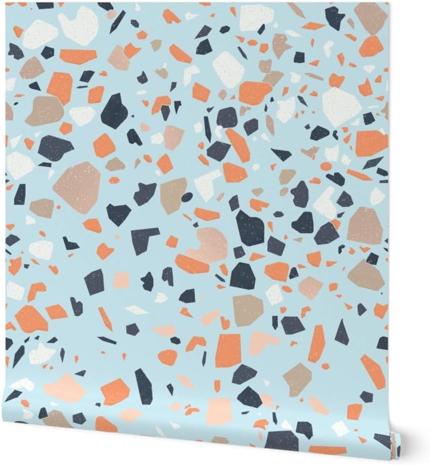 Peel & Stick Wallpaper 3ft x 2ft - Terrazzo Orange Retro Rock Stone Flooring Custom Removable Wallpaper by Spoonflower