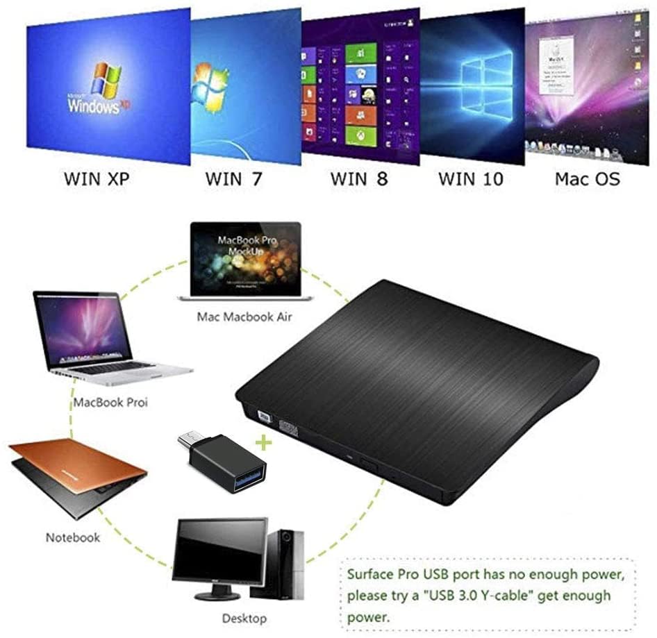 Unidad externa CD DVD USB 3.0 tipo C portátil negra miniatura 5