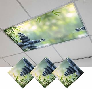 Fluorescent Light Covers, Zen Stones Magnetic Light Covers for Ceiling Lights, Nature Water Reflection Country Botanical Fluorescent Ceiling Shade Filters for Classroom Bedroom Office 4x2Ft x 3PCS