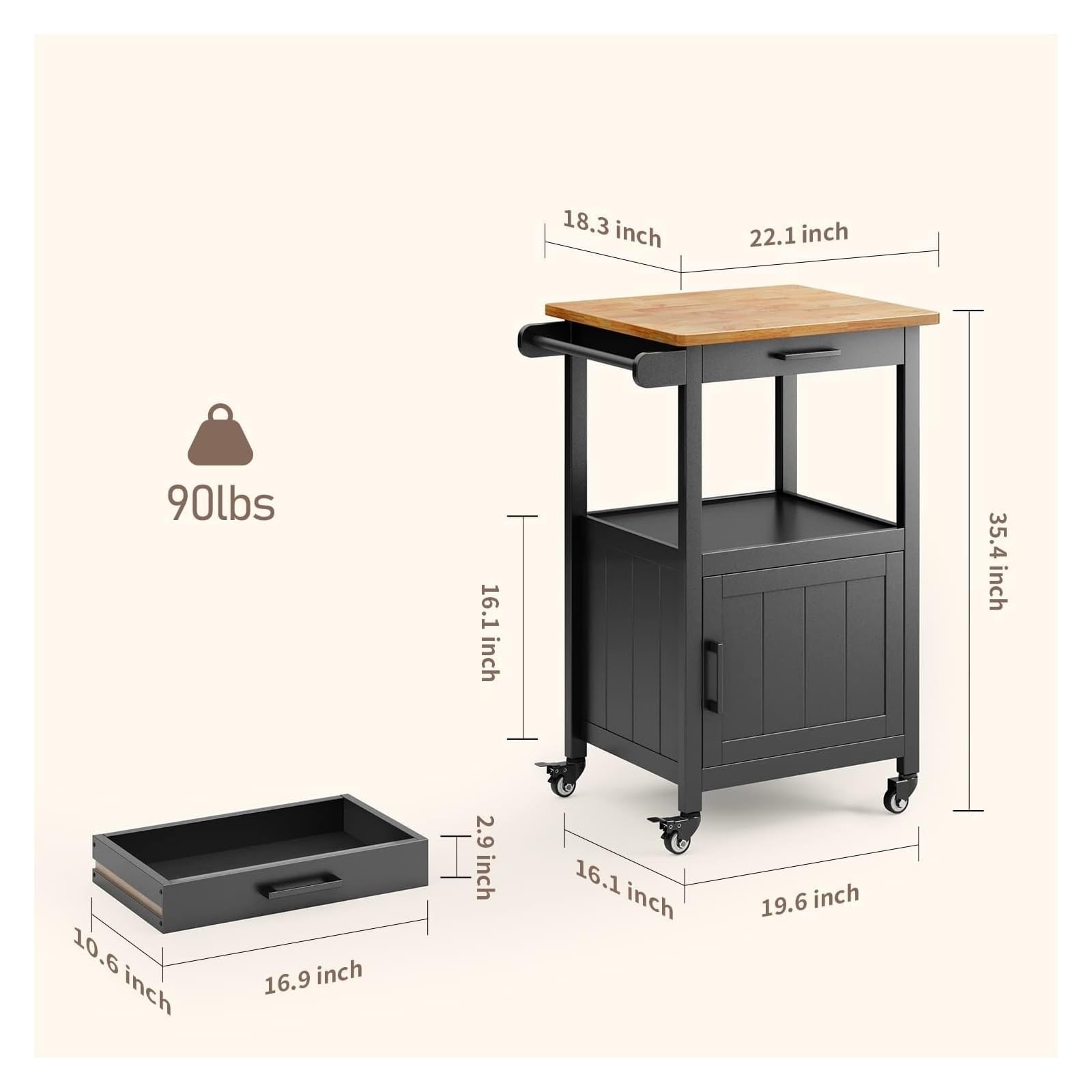 Carro rodante Carro rodante de Isla Cocina con cajón Almacenamiento Ruedas, pequeña Barra café for el hogar, Mesa/gabinete Soporte for microondas(Negro)