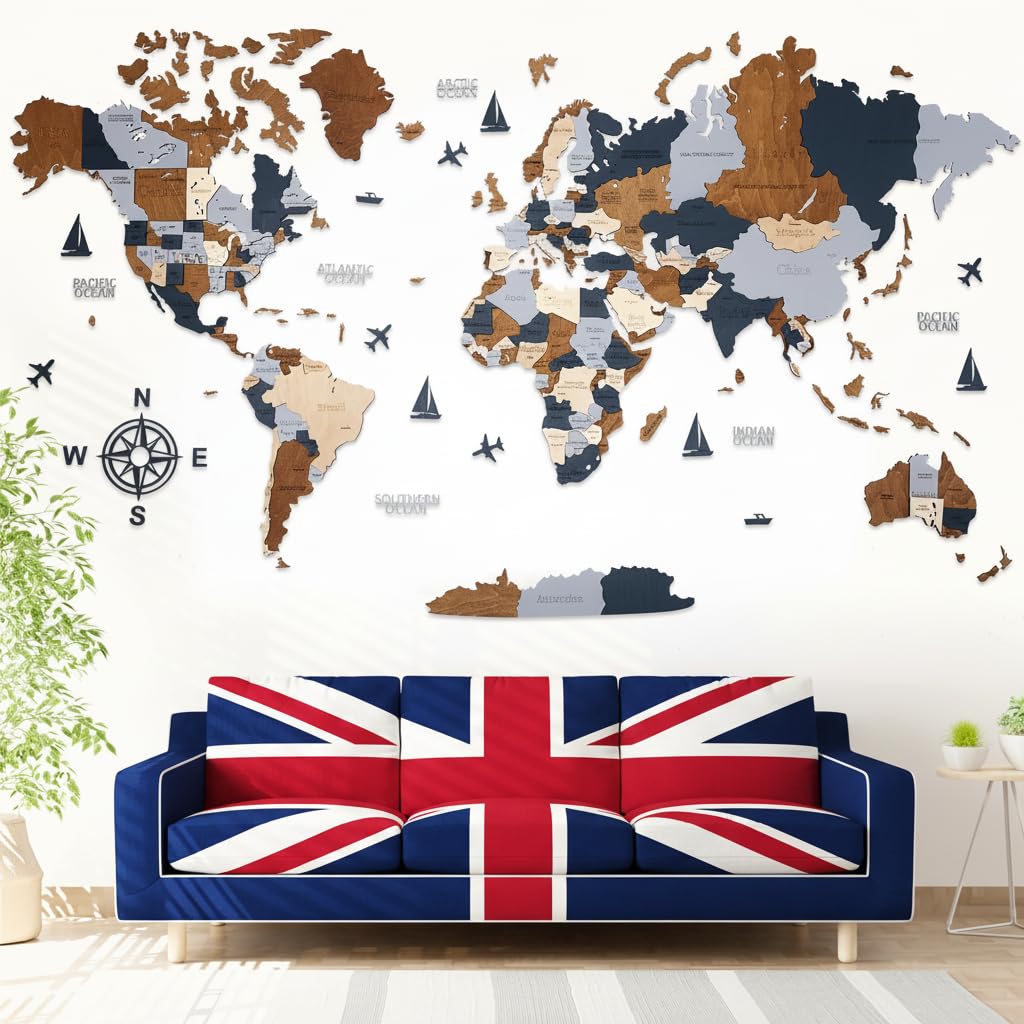 Wow Wood Brown Wow Wood® Premium Wall Decor 3D Wooden World Map In English With Pins | Tool-Free Wall Mounting | Gift Idea For Any Celebration | Wall Decoration For Home And Office | Dark M (120X62cm)