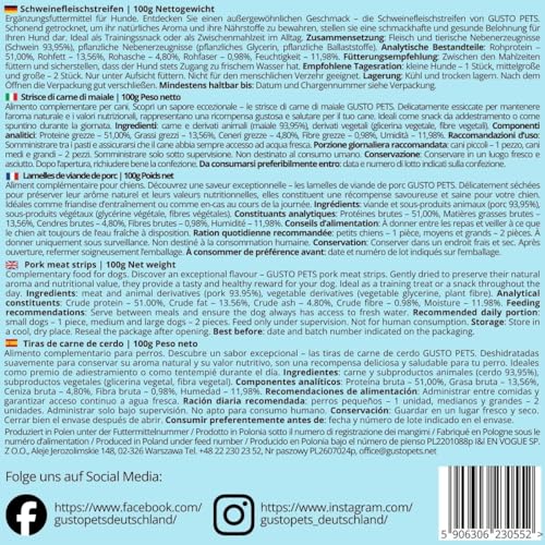 GUSTO PETS Dörrfleisch Schwein für Hunde - 100% natürlicher Snack Jerky, Proteinreich, Schonend getrocknet, Ideal als Trainingsbelohnung - Ergänzungsfuttermittel, Hergestellt in der EU