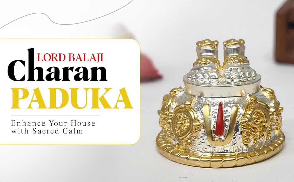 Image of Gold Art India Lord Balaji Charan Paduka Gold Silver Plated Two Tone Matte Finish Vishnu Charan Paduka for Pooja Room /Car Venkateswara Swamy Feet Shanku Chakra Namam Gifting Gold Silver Plated 2 Inch