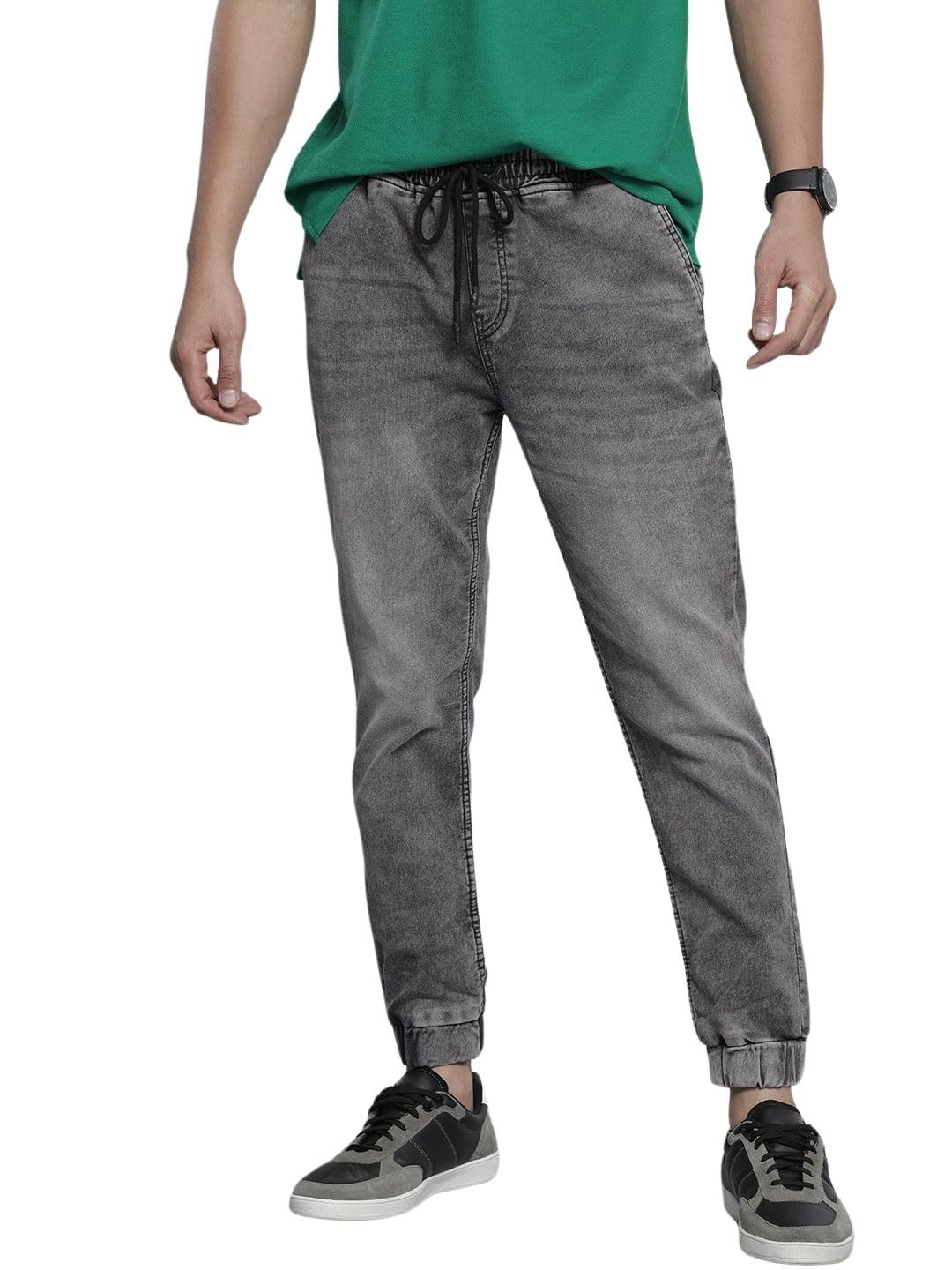 the indian garage co Men Slim Fit Solid Mid-Rise Stretchable Denim Joggers-picture-46