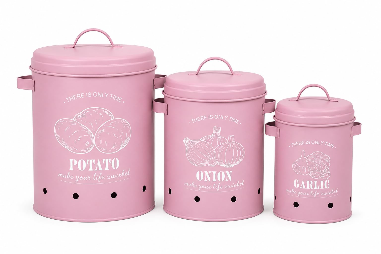 JRose Collections 3 Stück Küche Vorratsdosen Set Verzinkte Eisen Kartoffel Zwiebel Knoblauch Vorratsdosen mit belüfteten Löchern und Deckeln Metall Gemüse Vorratsdosen Rosa