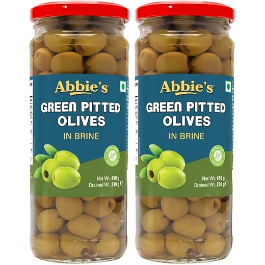 Abbie's Green Pitted Olives, 450g, Pack of 2, for Authentic Taste in Cooking, Snacking, Pizzas toppings or Italian Pastas Ingredients.