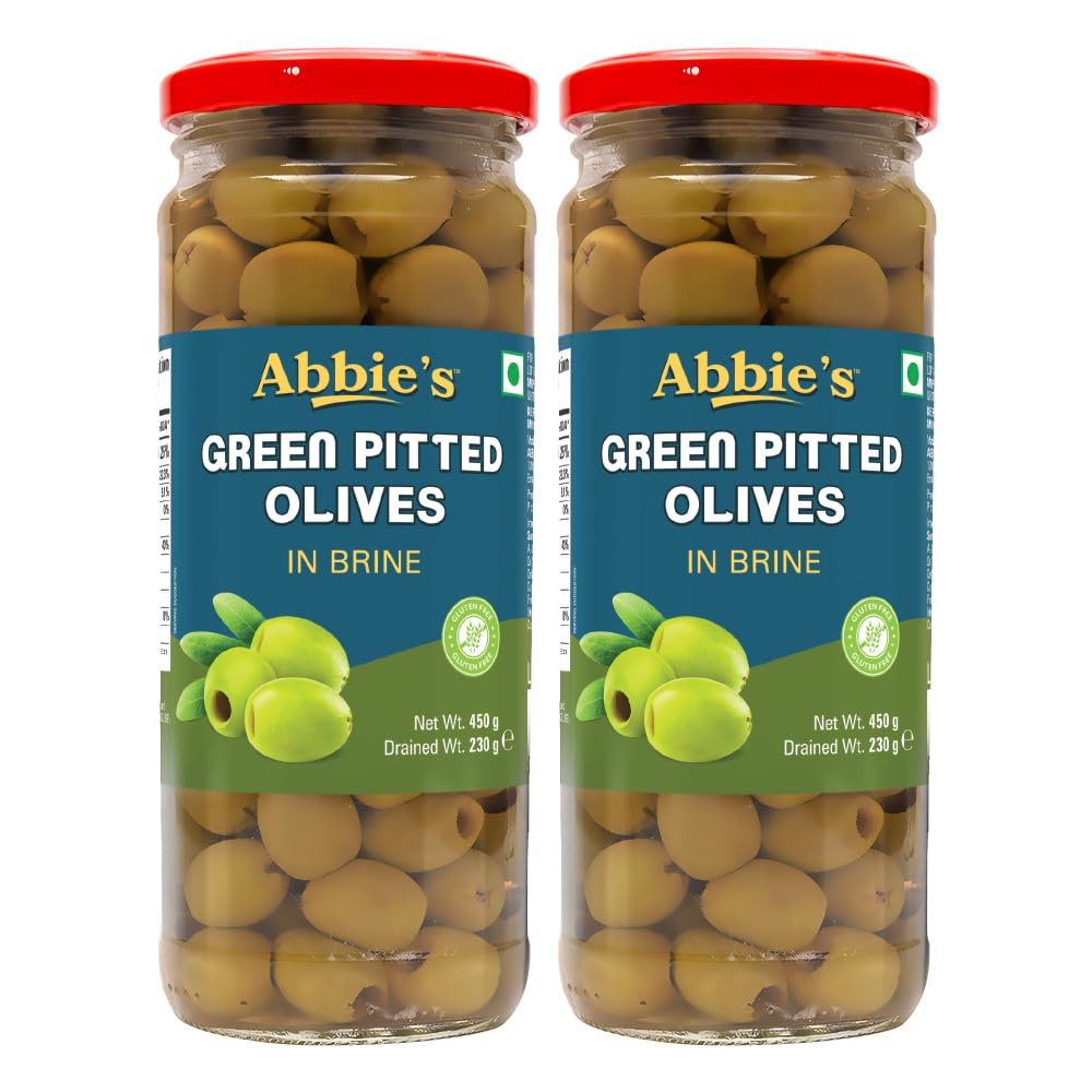 Green Pitted Olives, 450g, Pack of 2, for Authentic Taste in Cooking, Snacking, Pizzas toppings or Italian Pastas Ingredients.