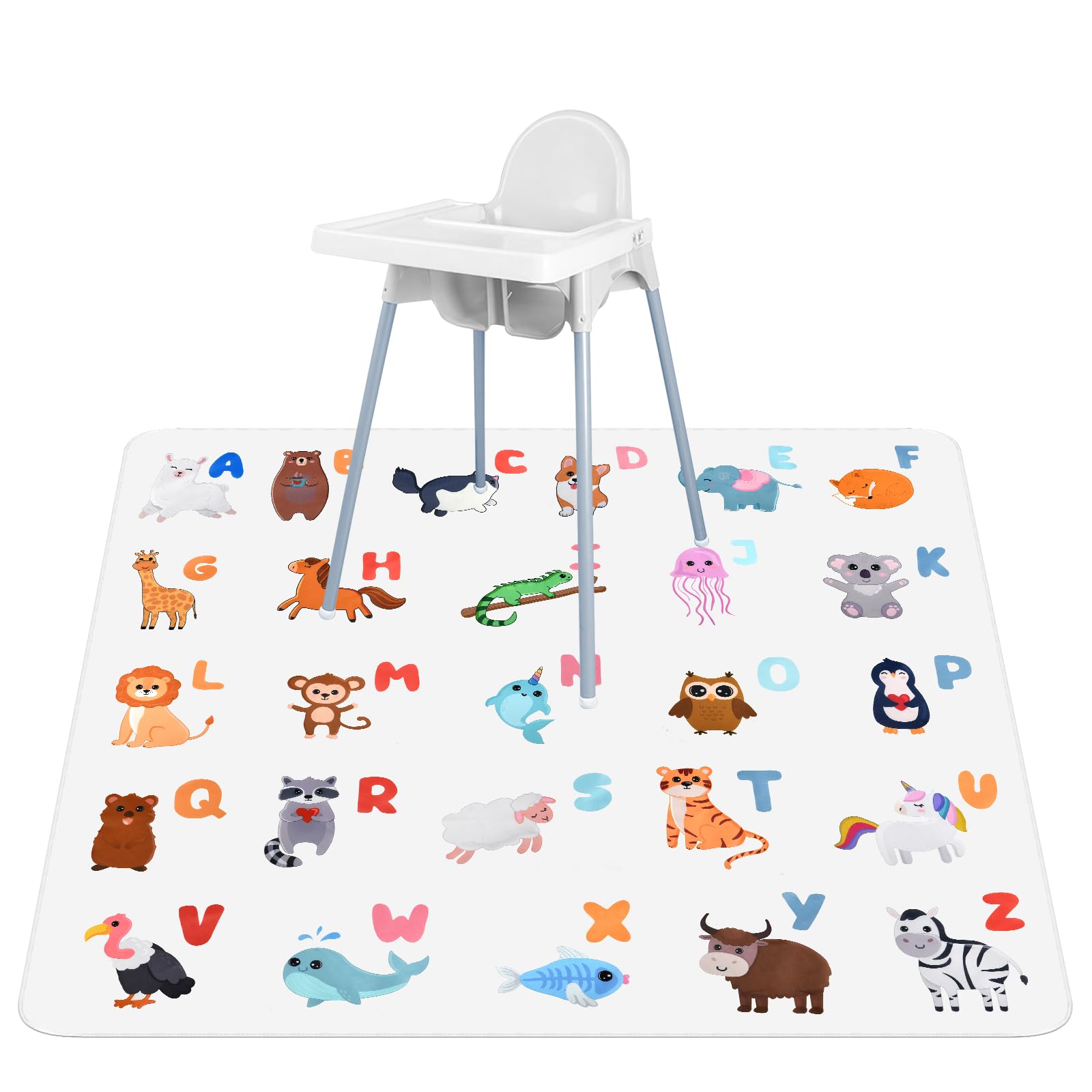 Vicloon Tappetino Seggiolone Bambini, 135X135cm Splash Mat, Tappeti Gioco per Bambini Splat Mat Portatile, Tappeto Antispruzzo Lavabile Impermeabile per Protezione del Pavimento（Animali）