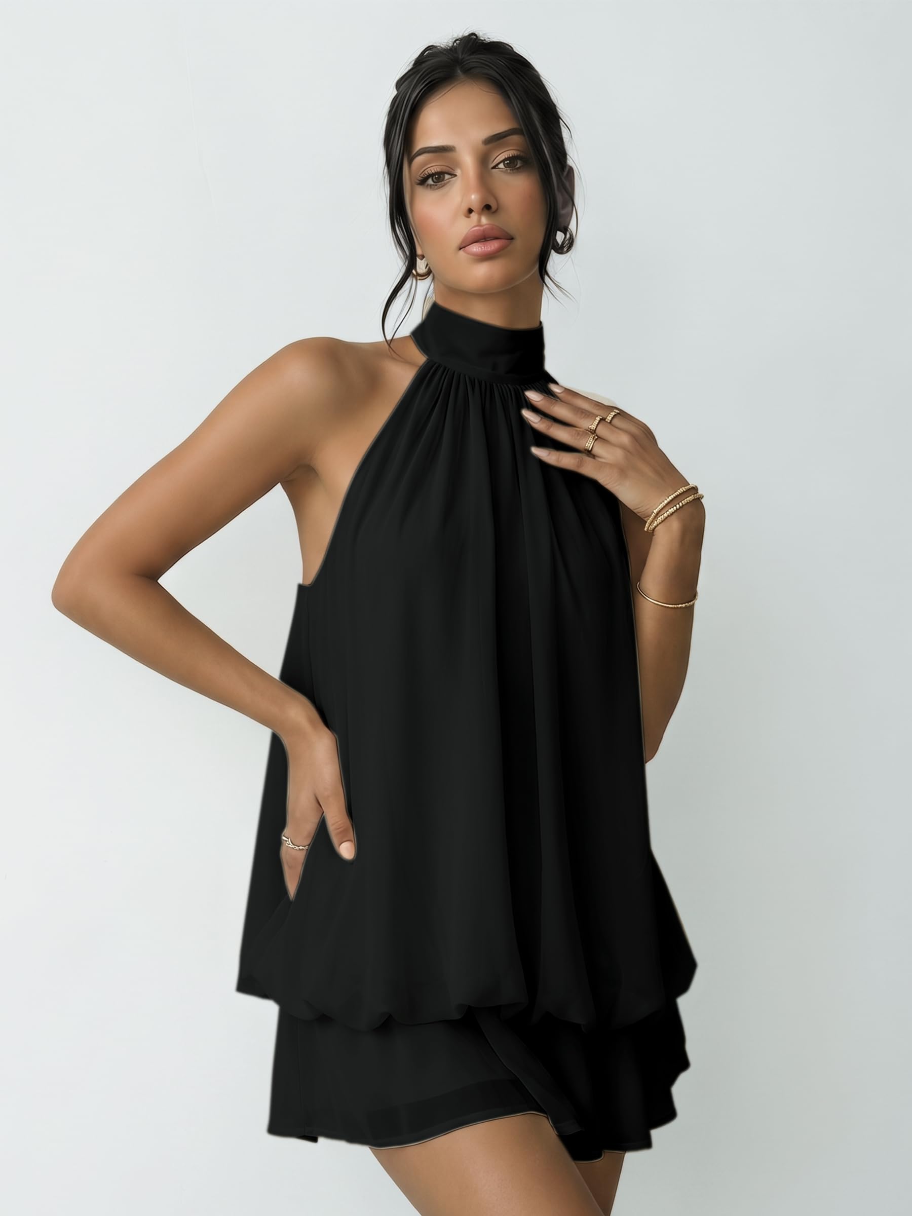 Vestito Donna Elegante Senza Maniche Mini Abito con Scollo Halter e Volant Estivo Vestiti Ampio in Chiffon Sexy Abiti Schiena Scoperta con Laccio Vestito Corto per Festa Discoteca Cocktail
