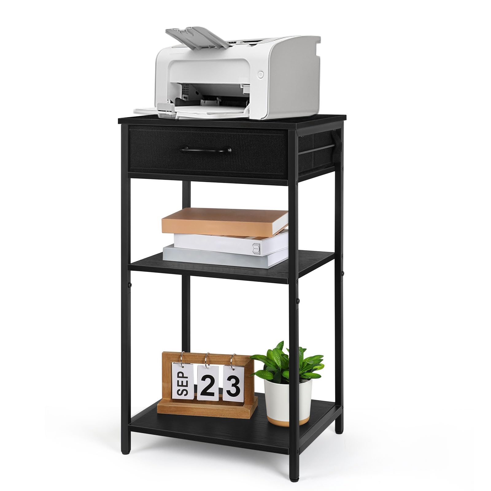 ETELI Printer Stand Table for Home Office 3 Tier Small Printer Stand with Storage Drawer Multi-Functional Printer Desk Shelf with Wood Board and Metal
