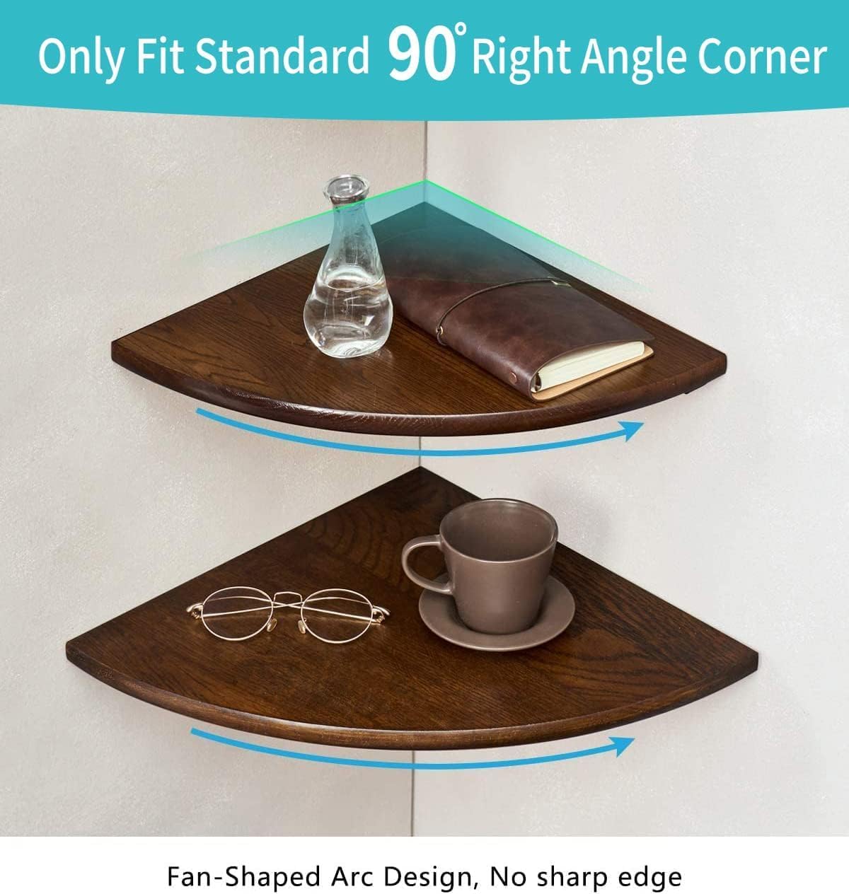 corner shelves, floating corner shelf, set of 2 16inch solid oak wood corner wall shelves, round end with wire hole for small plant for bedroom kitchen, living room 16in 2p walnut