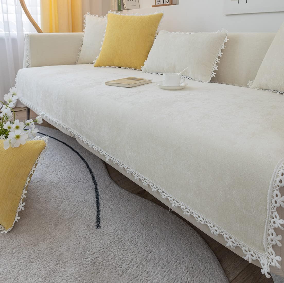 vctops Soft Chenille Couch Sofa Cover Elegant Lace Sectional Couch Covers Nonslip Solid Color Sofa Slipcover for Dogs, Children, Pets Furniture Protector (Cream,28"x82")