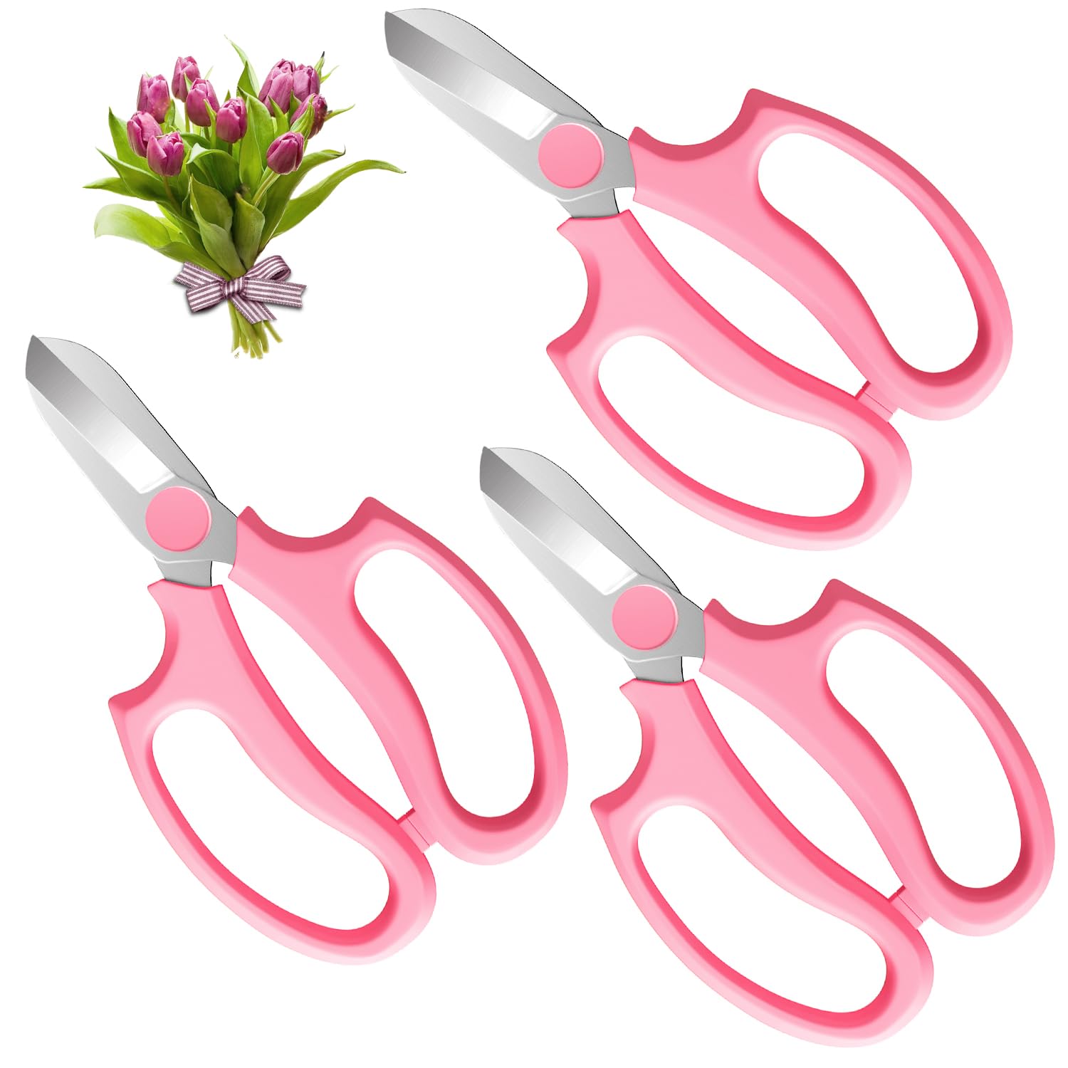 Housolution Flower Scissors, Strong Floral Shears,3PCS Premium Steel Garden Pruning Shears Floral Fruits Leaf Scissors Hand Pruner Snip Trimming Tool for Gardening Flower Arrangement, Pink
