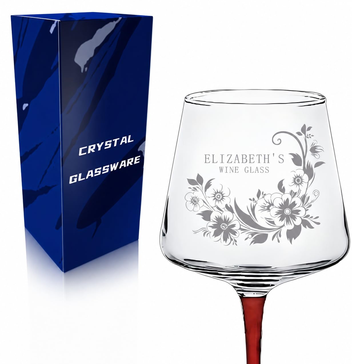 15 oz Personalized Crystal Wine Glass with Text or Logo, Stemmed Wine Glass with Gift Box for Birthday Wedding Retirement Gifts for Women Men (Red Stem with Black Bottom, Your Name-1pc)