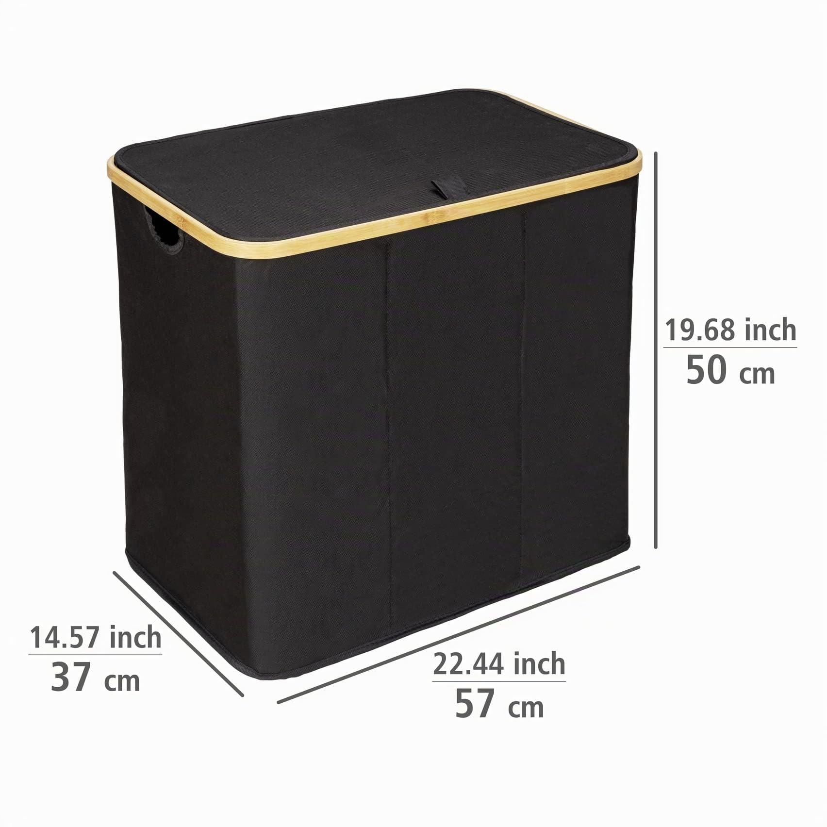 WENKO Wäschetruhe Trio Mod. Ecori, 3 Fächer (je 35 Liter), Rahmen aus FSC®-zertifiziertem Bambus, Wäschesack mit Deckel aus recyceltem Polyester, 57 x 50 x 37 cm, Natur/Schwarz