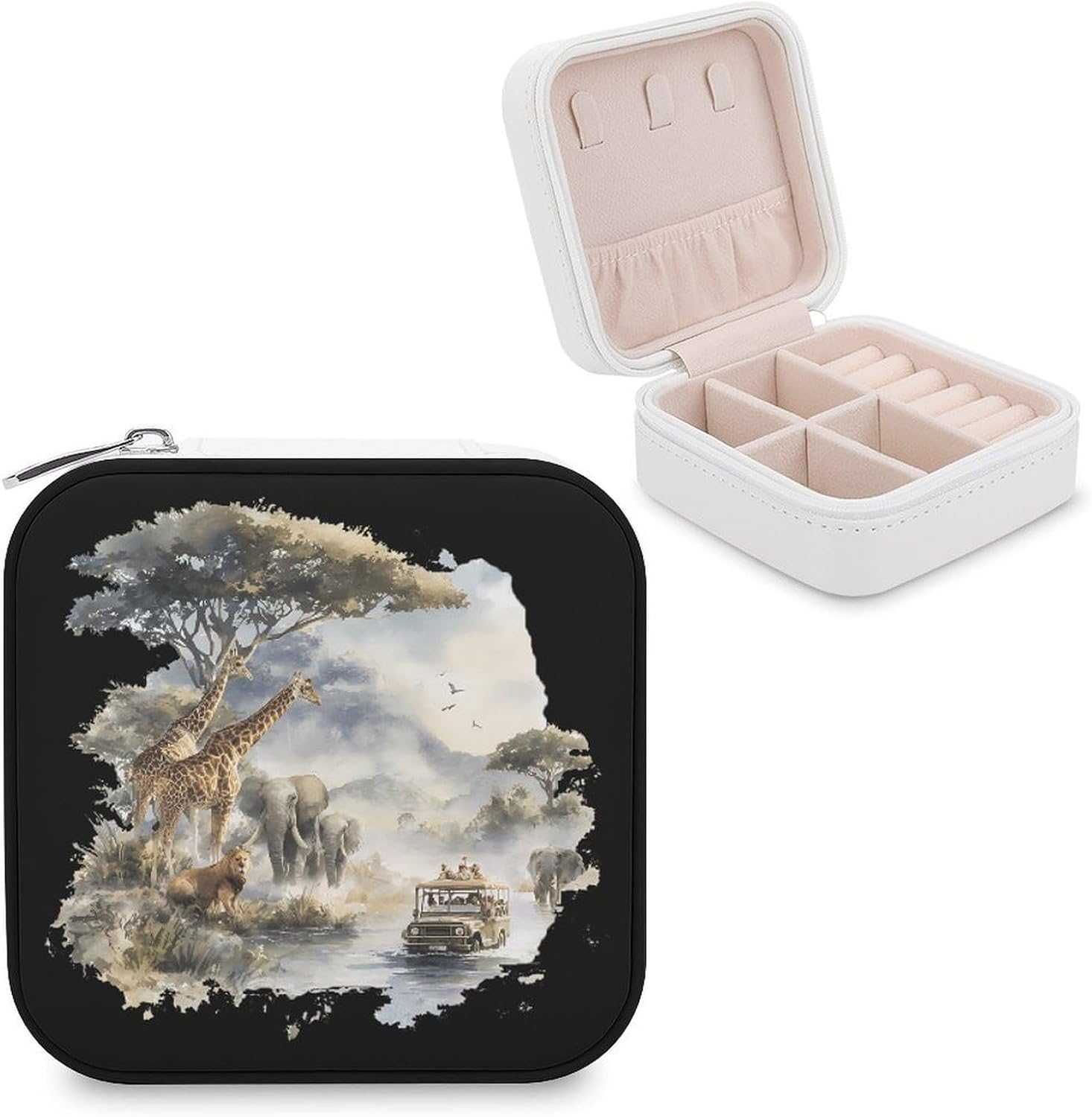 Africa Scene Giraffes Elephants Travel Mini Jewelry Travel Case Small Box