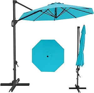10FT Patio Umbrella Outdoor Large Cantilever w/Base Included Market Sun Shade Windproof Offset with 360-Degree Rotation for Garden Deck Pool Patio, Turquoise Blue