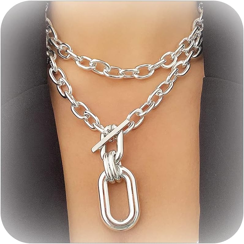 Chunky Necklace for Women Trendy Layered Chunky Choker Necklace for Women Gold Chain Necklace Gold Cuban Link Chain for Women Punk Hip-hop Jewelry (Silver)