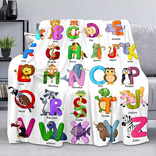 LUVIVIHOME Colorful ABC Learning Blanket, Kids educational animal blanket, Twin, Cozy soft fleece blanket for bed, couch, sofa, 60