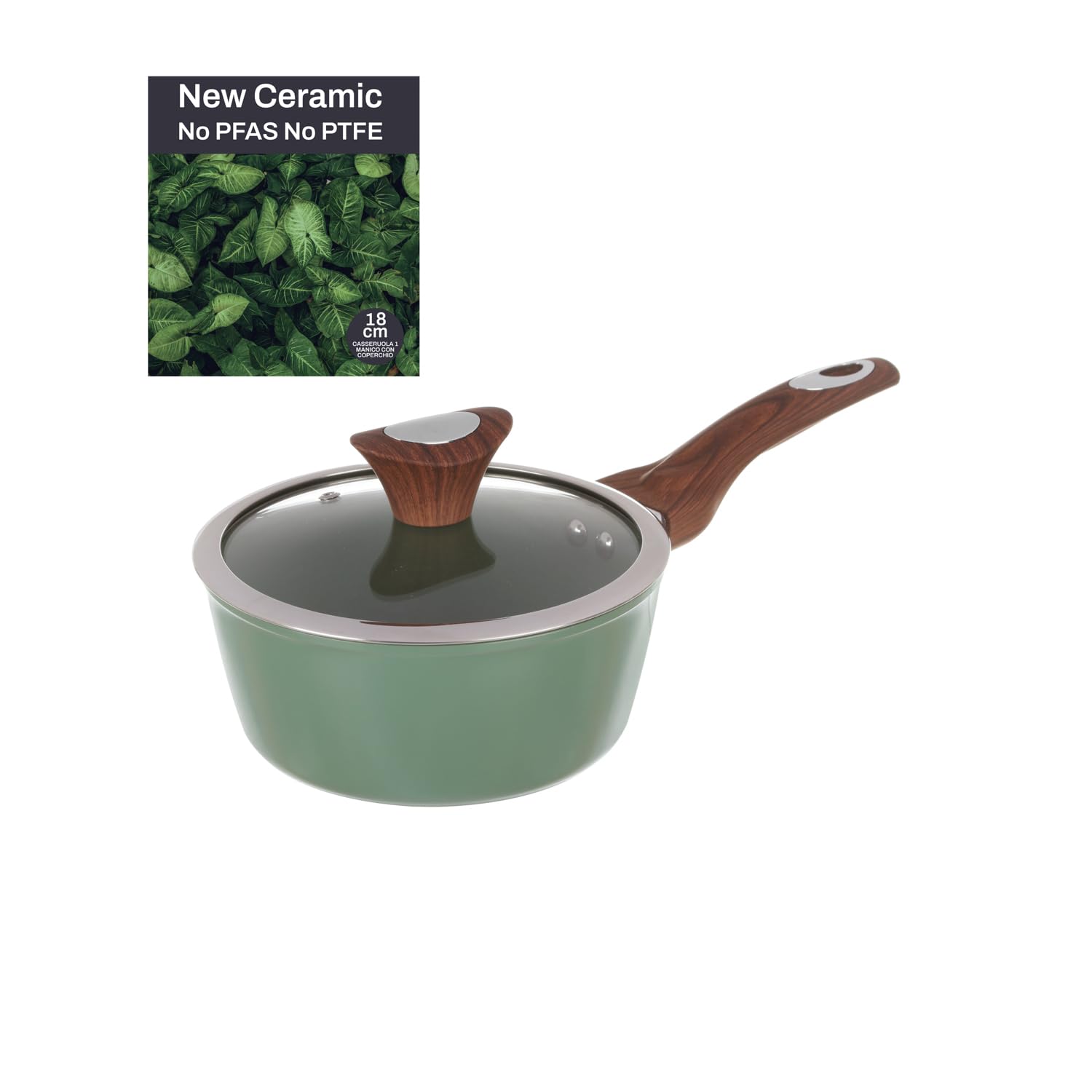 Casserole 1 poignée 18 cm antiadhésive New Ceramic verte et saine
