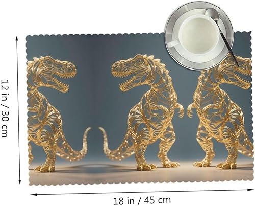 Miniatura 2 de Rectangular Placemats Set of 4, Heat Resistant Golden Dinosaur Printed Kitchen Dining Table Mats