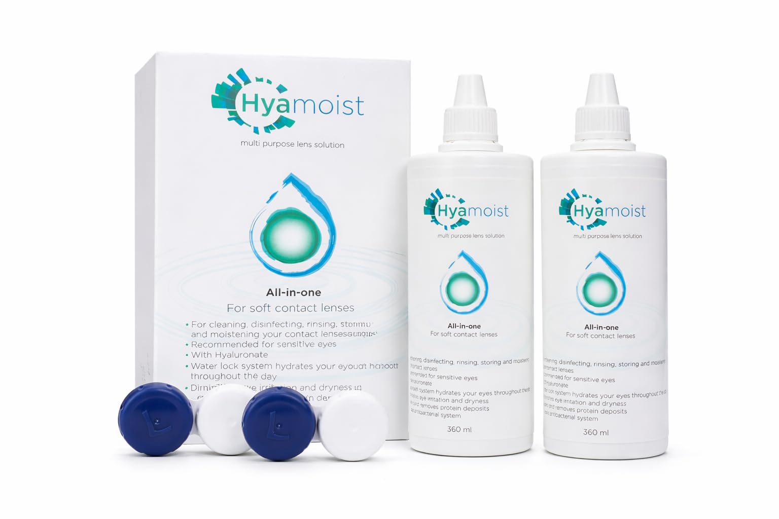 Multi-Purpose Contact Lens Solution 2 x 360ml – Soft Lens Cleaner, Disinfect & Rinse – with Sodium Hyaluronate for Dry Eyes – Includes 2 Lens Cases – 3 Month Supply