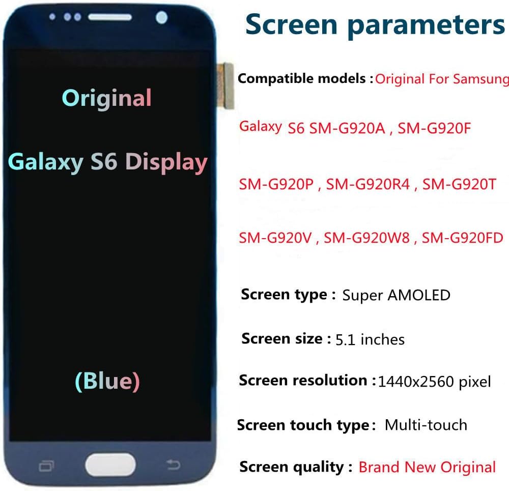 5.1"" AMOLED Original for Samsung Galaxy S6 Display Touch Screen Digitizer Assembly S6 G920A G920P G920V G920i G920FD LCD Screen Replacement (Blue)