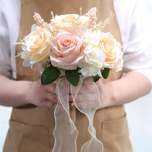 Miniatura 5 de LESING Ramos de novia de flores artificiales hechas a mano, románticos, para novia, dama de honor, celebración de flores (bouquet, rosa rosa)