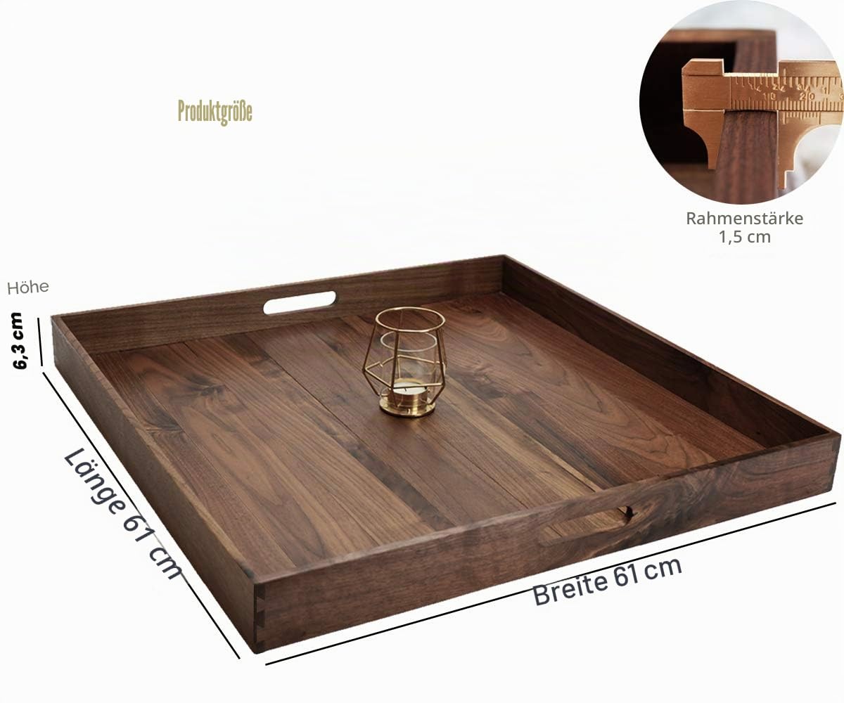 Extragroßes quadratisches Tablett aus schwarzem Walnussholz mit Griffen, für Tee, Kaffee oder Frühstück im Bett, klassisches dekoratives Serviertablett aus Holz, 61 x 61 cm