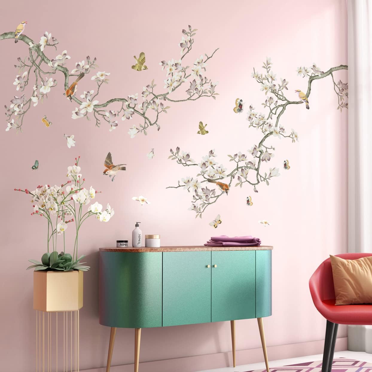 Removable 3D Two Curved Tree Branches Leaves With Colorful Flying Birds Wall Decals DIY Peel and Stick Wall art Decor Stickers for Kids Babys Bedroom Boys Playroom Classroom Nursery Wall Corner Decoration (White)