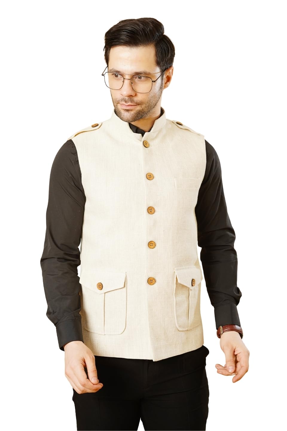 Men's Linen Cream Nehru Jacket-image-22