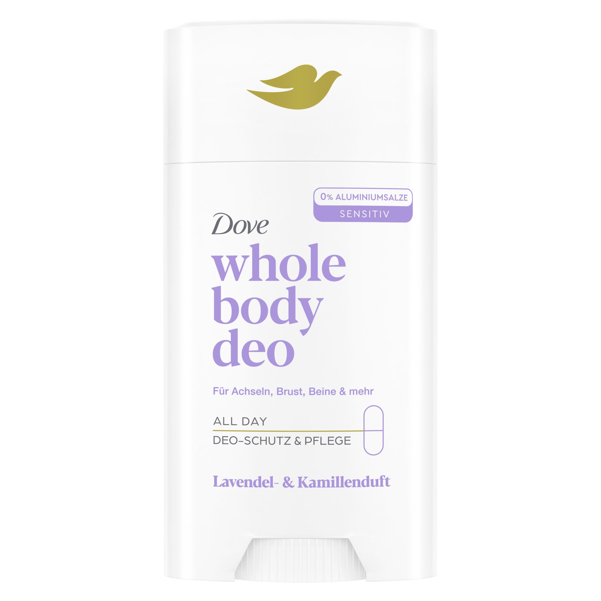 Dove Whole Body Deo Lavendel- & Kamillenduft Deo Stick mit 0% Aluminiumsalzen für Achseln, Brust, Beine und mehr 75 ml