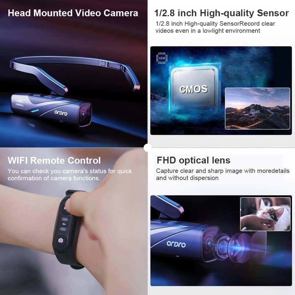 ORDRO EP8 Videocamera Indossabile, Vlog Camera 4K 60fps con Sensore da 1/2.8", Cattura POV, Stabilizzatore Cardanico a 2 assi, WiFi 2.4/5G, Con telecomando e scheda microSD 64GB