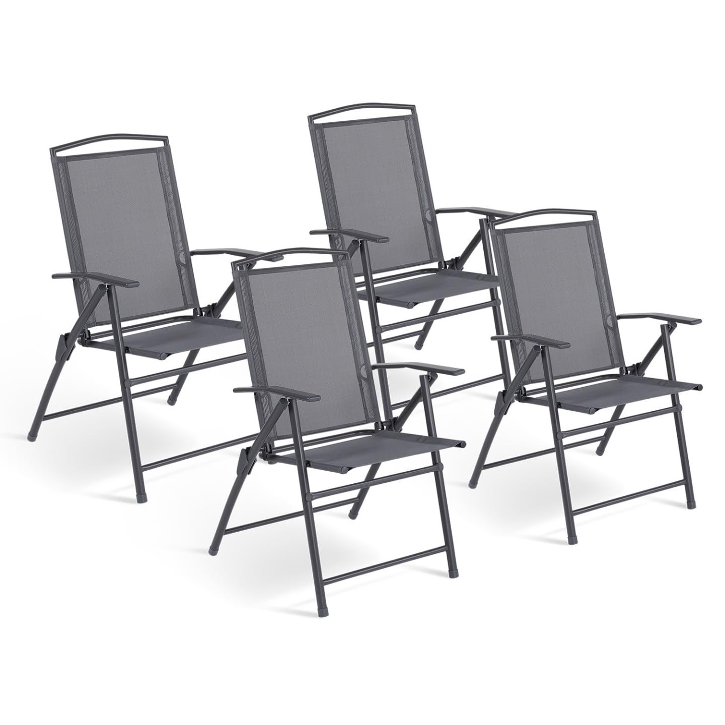 IDMarket Set of 4 folding garden chairs with armrests ALGHERO metal and textilene grey anthracite