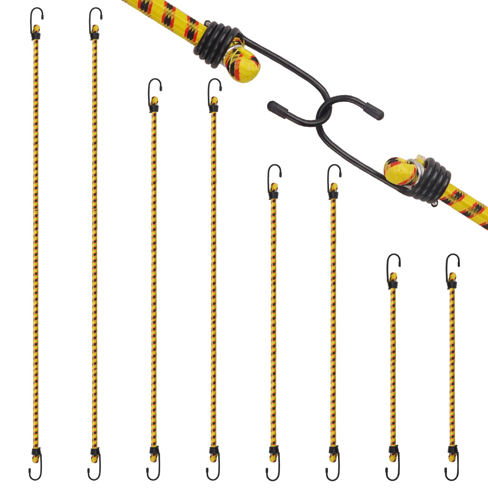 10 Pezzi Corde Elastiche con Gancio, 4 Misure di Corda Elastica con Gancio,40/60 / 80/100 CM, Ganci Elastici, Cinghie Elastiche con Ganci per Teloni, Portapacchi,Campeggio,Auto,Bici, Giallo