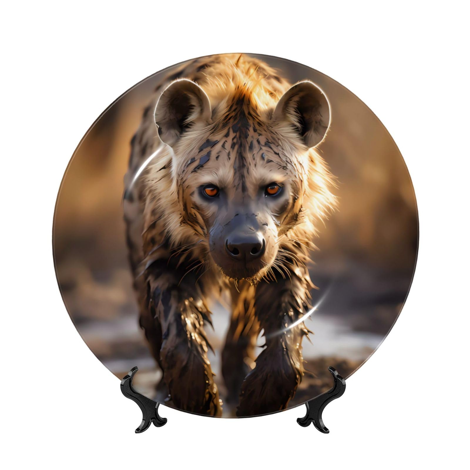 SXZVVBN Lone Hyena Bone China Decorative Plate Art with Stand Removable Adhesive Hanging for Home Office 6in（15cm）