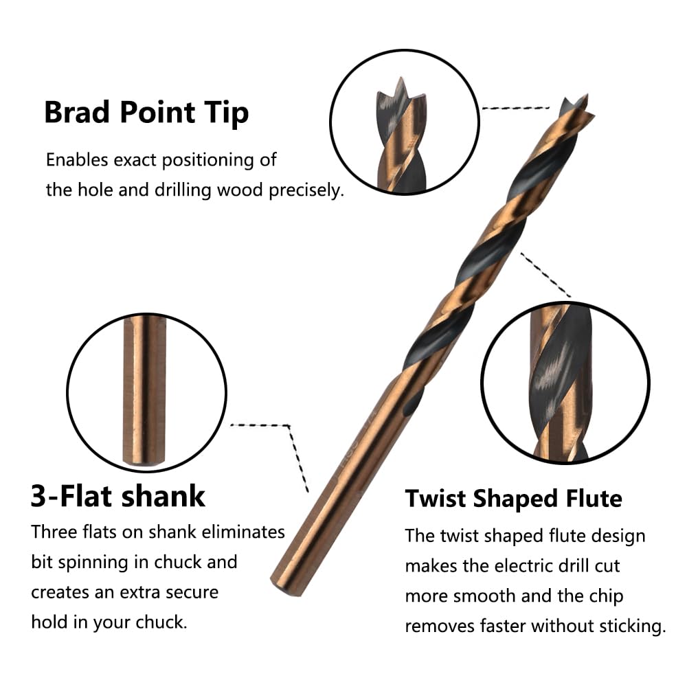 Juego de 29 brocas HSS para madera de punta de clavo para carpintería, 3 vástagos planos negro dorado para madera dura, madera contrachapada, plástico de 1/40.6 cm-1/5.1 cm