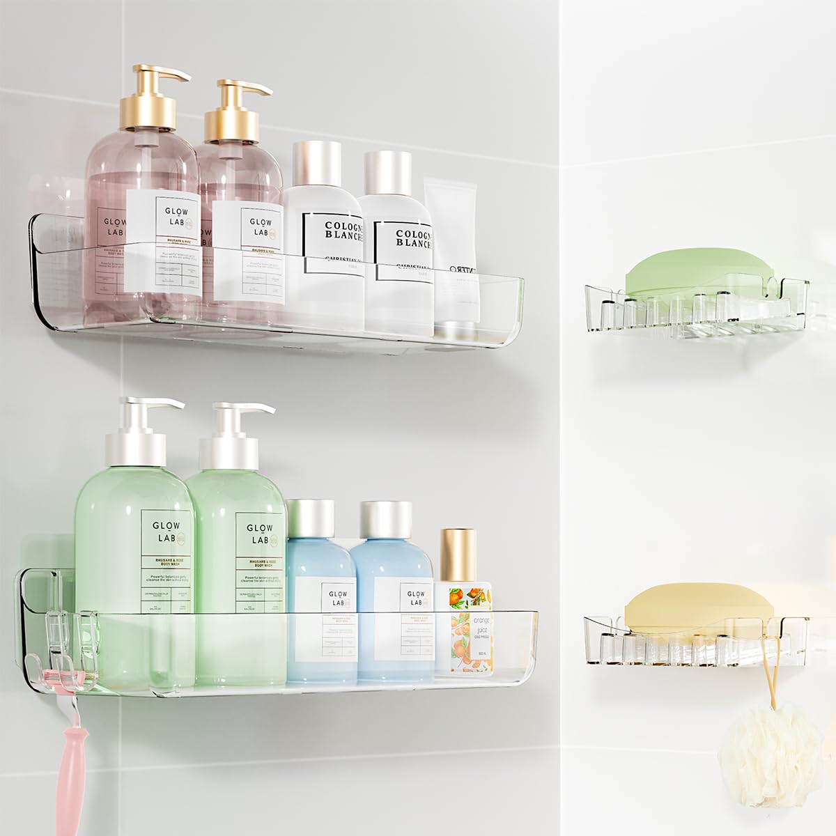 Sotfamily Clear Shower Caddy Acrylic Wall Mounted Shower Shelves with Soap Dish Adhesive Pads for Bathroom Organizers and
