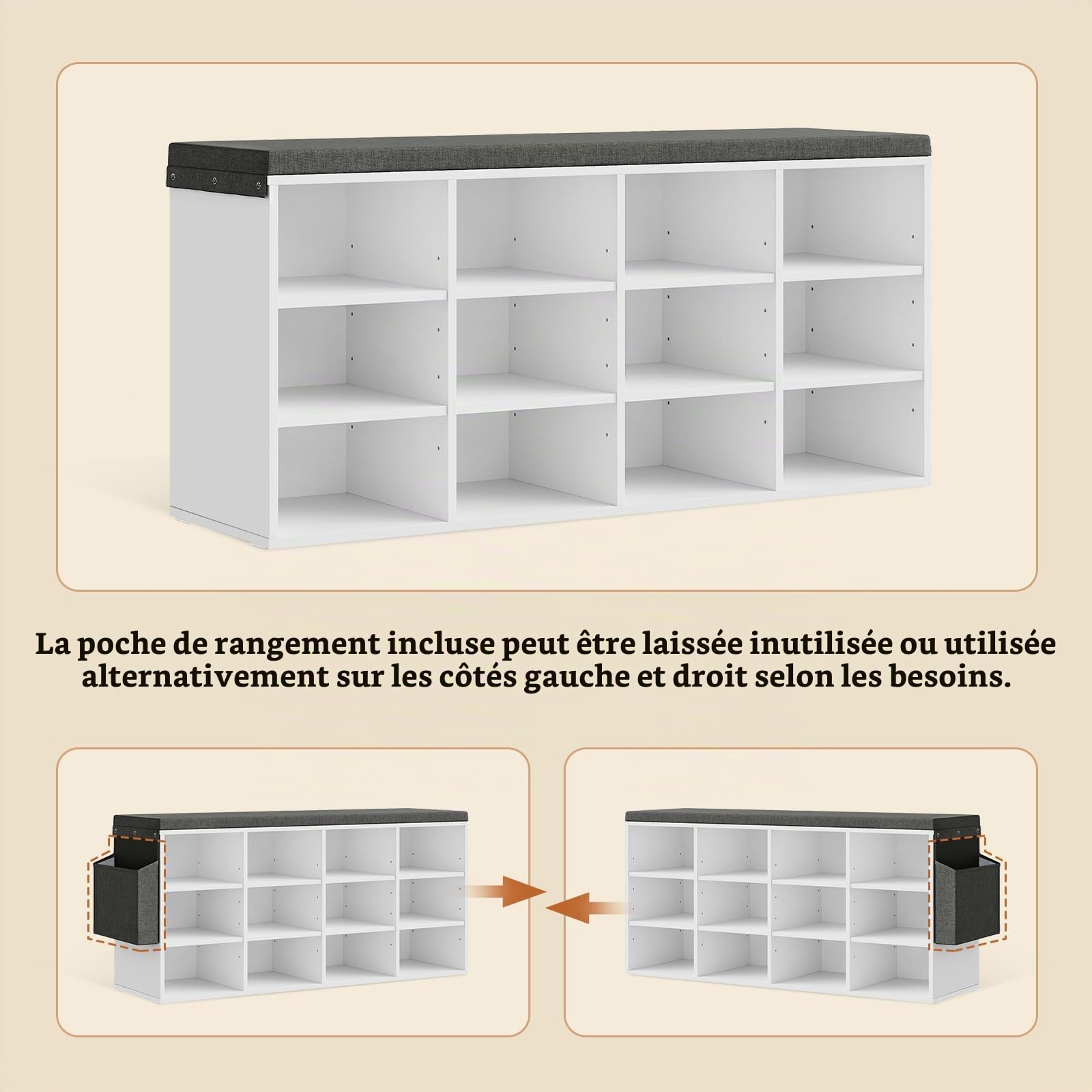 WOLTU Banc de Rangement à Chaussures, Meuble d’Entrée pour Chaussures, Étagère Autoportante à 12 Compartiments en Panneau Aggloméré avec Coussin en Tissu Gris, Blanc, 102x30x48,5 cm
