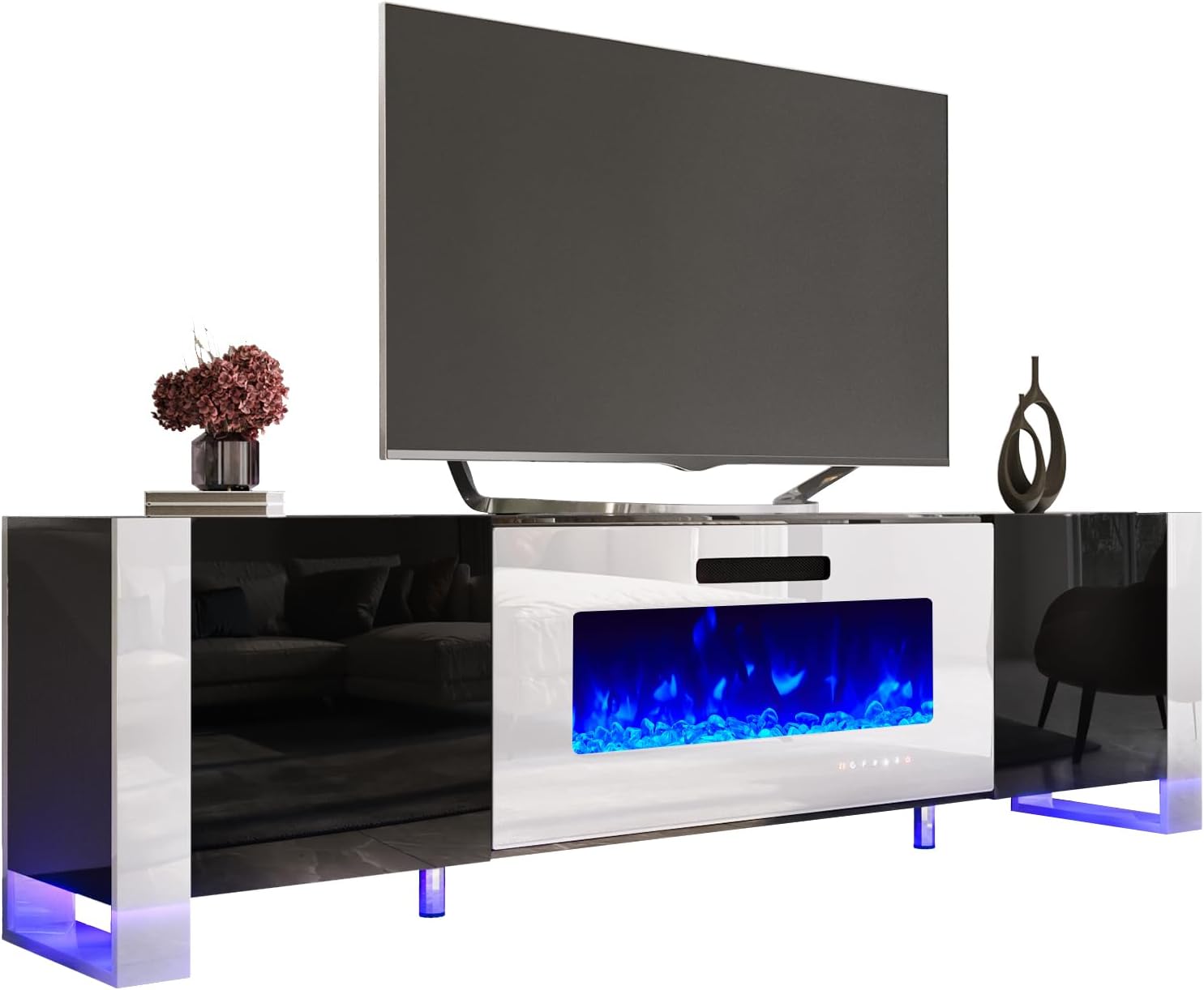 AMERLIFE Fireplace TV Stand with 36" Fireplace, 70" Modern Entertainment Center with High Gloss Doors & LED Lights, U-Shaped Legs TV Console Cabinet for TVs Up to 80", Black TV Stand White Fireplace
