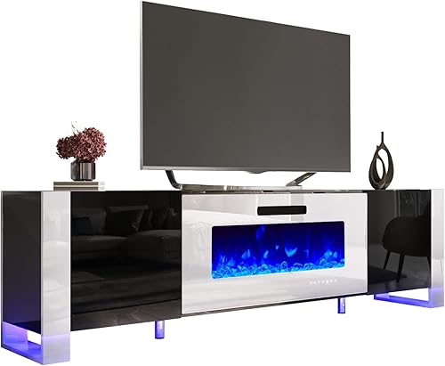 Miniatura 8 de AMERLIFE Soporte de TV con Chimenea de 36", Centro de Entretenimiento Moderno de 70" con Puertas de Alto Brillo y Luces LED, Consola de TV con Patas