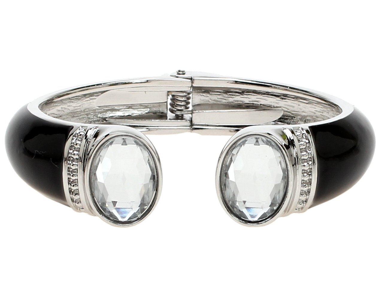 Lova JewelryBlack Clear Crystals Silver Tone Solid Metal Clasp Bangle Bracelet