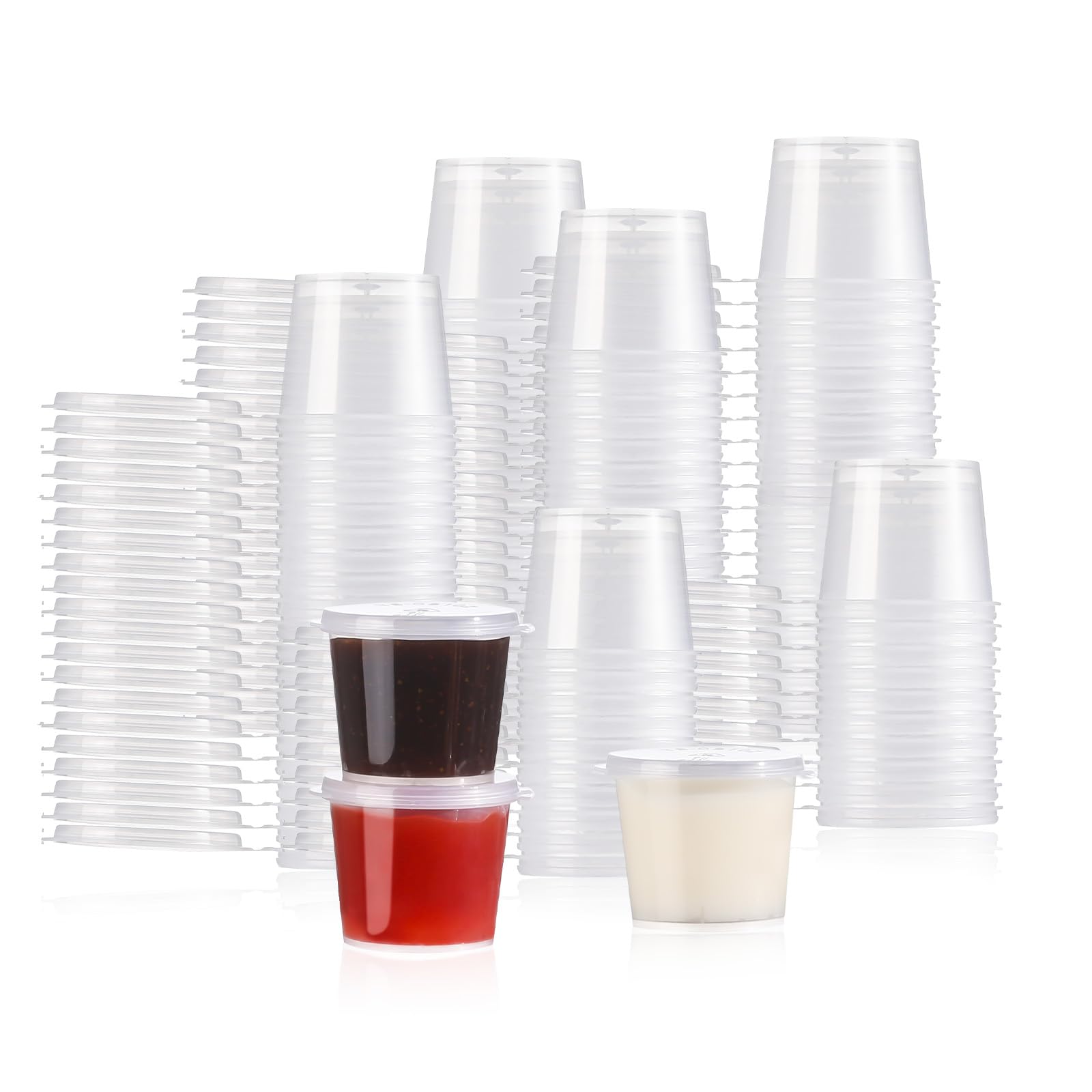 ICYANG 100 Pieces 1oz Plastic Jello Shot Cups with Lids, Portion Cups, Small Clear Plastic Containers with Lids for Salad Dressing, Dipping Sauce and Condiment